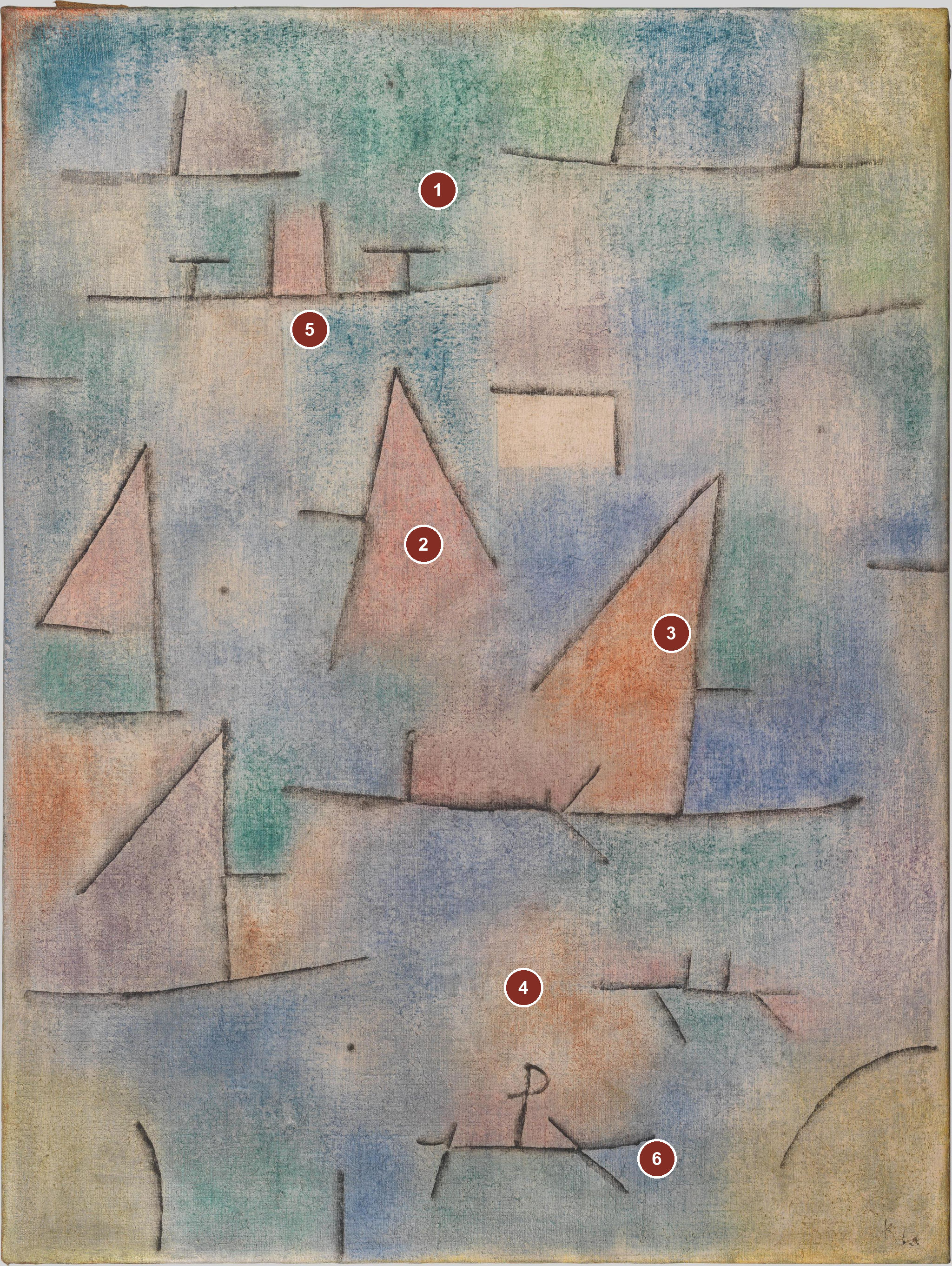 Numbered guide to 6 visual details in Harbour with Sailing Ships